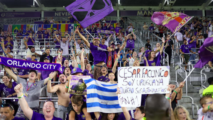 Jul 26, 2024; Orlando, Florida, USA; fans celebrate after Orlando City beat CF Montreal during the group stage of Leagues Cup at INTER&CO Stadium. Mandatory Credit: Nathan Ray Seebeck-USA TODAY Sports