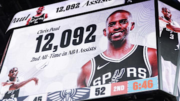 Dec 8, 2024; San Antonio, Texas, USA;  San Antonio Spurs guard Chris Paul (3) moves into second place on the all-time assist leaders list in the first half against the New Orleans Pelicans at Frost Bank Center. Mandatory Credit: Daniel Dunn-Imagn Images