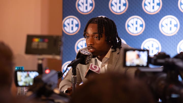 Jul 17, 2024; Dallas, TX, USA; Texas defensive back Jahdae Barron speaking at Omni Dallas Hotel. Mandatory Credit: Brett Patzke-USA TODAY Sports