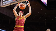 Dec 11, 2025; Ames, Iowa, USA;  Iowa State Cyclones forward Blake Buchanan (23) scores on a dunk against the Iowa Hawkeyes during the first half at James H. Hilton Coliseum. Mandatory Credit: Reese Strickland-Imagn Images