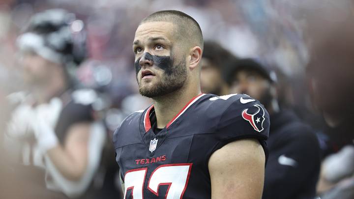 Sep 29, 2024; Houston, Texas, USA; Houston Texans tight end Cade Stover (87) during the game against the Jacksonville Jaguars at NRG Stadium. Mandatory Credit: Troy Taormina-Imagn Images