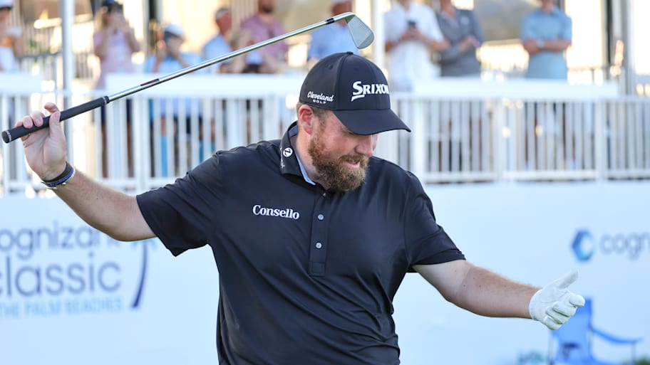 Shane Lowry reacts to hitting the ball in the water on the 17th tee during the final round of the 2026 Cognizant Classic.