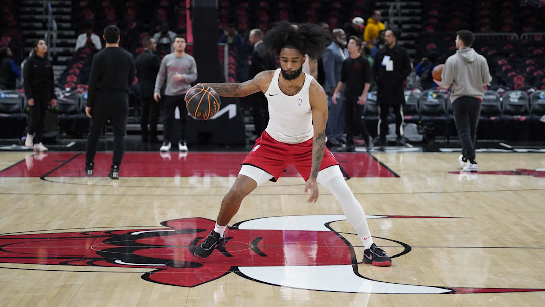 Jan 4, 2025; Chicago, Illinois, USA; Chicago Bulls guard Coby White (0) warms up before the game against the New York Knicks at United Center. Mandatory Credit: David Banks-Imagn Images