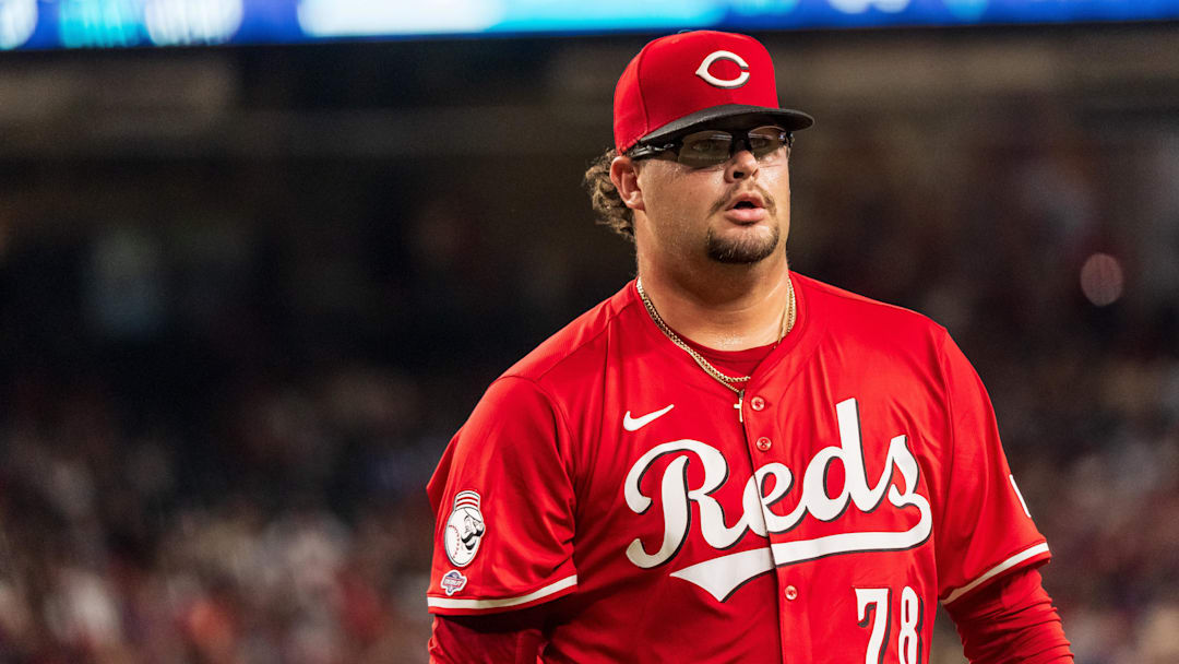 Aug 23, 2025; Phoenix, Arizona, USA; Cincinnati Reds pitcher Zach Maxwell (78) reacts after his debut performance in the fifth inning against the Arizona Diamondbacks at Chase Field. Mandatory Credit: Allan Henry-Imagn Images