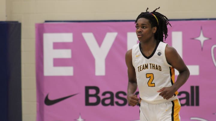 Jasper Johnson (2) stands on the court during an AAU basketball game July 5, 2023, at the Nike EYBL Peach Jam in North Augusta, S.C. A Woodford County native, Johnson holds scholarship offers to play at Louisville and Kentucky and is considered one of the top guards in the Class of 2025.