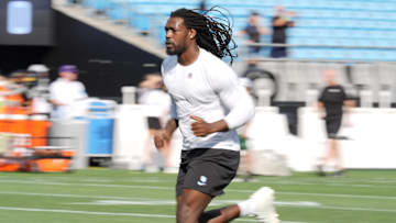 Aug 17, 2024; Charlotte, North Carolina, USA;  Carolina Panthers linebacker Jadeveon Clowney (7) during pregame warm ups against the New York Jets at Bank of America Stadium.