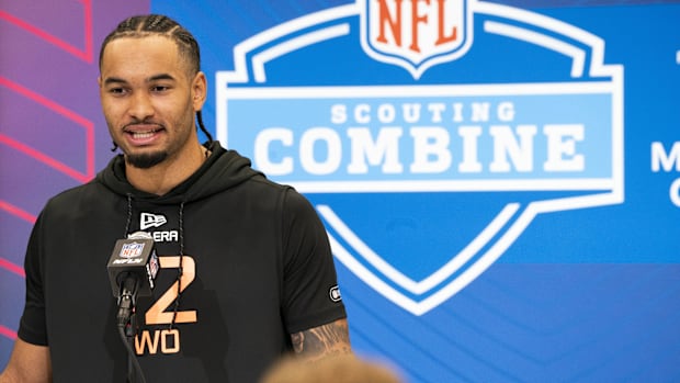 Ohio State wideout Emeka Egbuka speaks during a press conference during the 2025 NFL Combine at Indiana Convention Center.