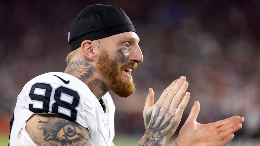 Aug 23, 2025; Glendale, Arizona, USA; Las Vegas Raiders defensive end Maxx Crosby (98) against the Arizona Cardinals during a preseason NFL game at State Farm Stadium. Mandatory Credit: Mark J. Rebilas-Imagn Images
