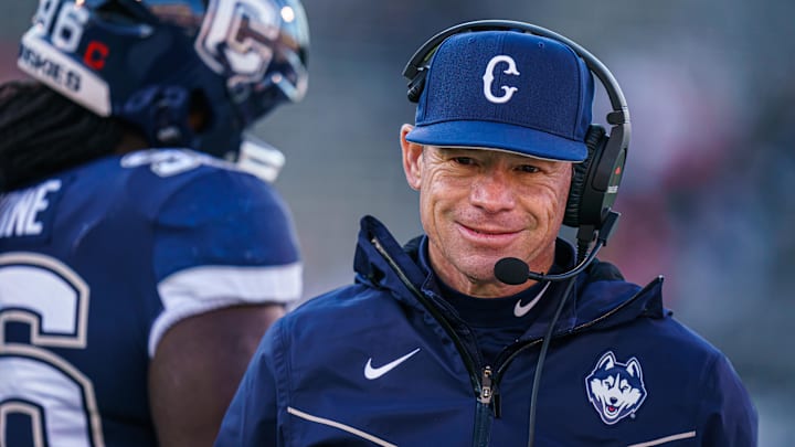 Nov 18, 2023; East Hartford, Connecticut, USA; UConn Huskies head coach Jim Mora watches from the sideline as they take on the Sacred Heart Pioneers at Rentschler Field at Pratt & Whitney Stadium. Mandatory Credit: David Butler II-Imagn Images