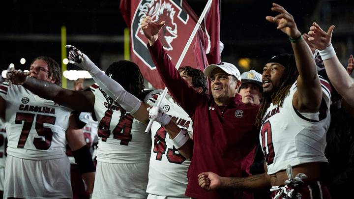 South Carolina Gamecocks head coach Shane Beamer sings the fight song with his team towards the fans after their win against Vanderbilt Commodores at FirstBank Stadium in Nashville, Tenn., Saturday, Nov. 9, 2024.