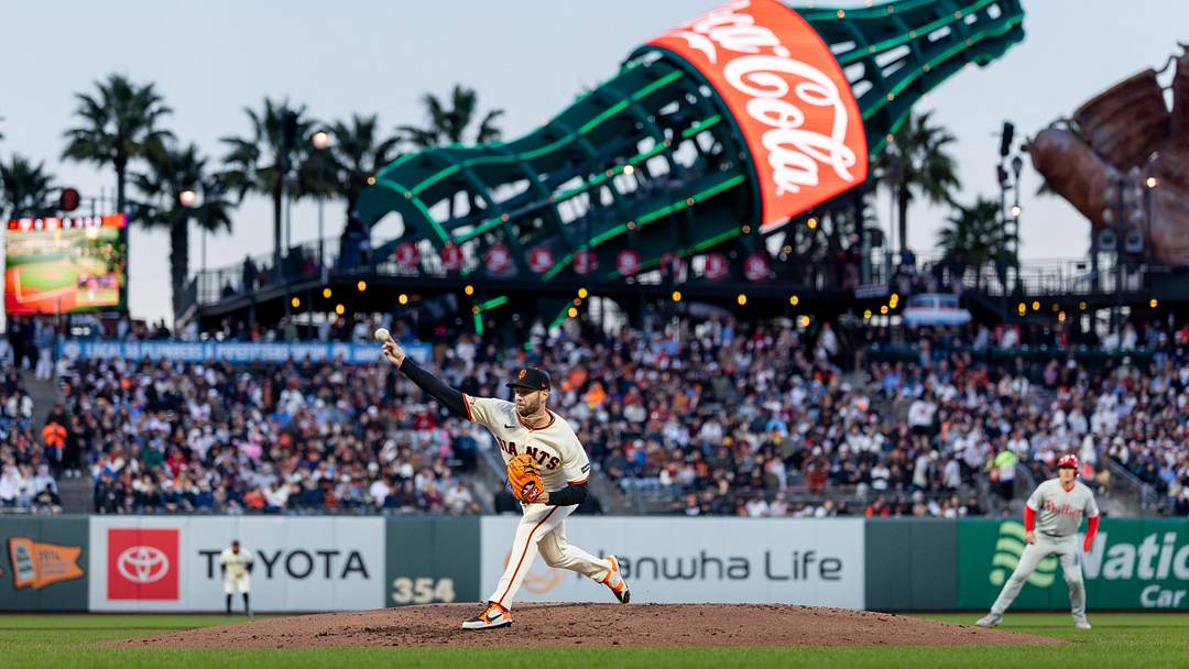Apr 6, 2026; San Francisco, California, USA; San Francisco Giants pitcher Adrian Houser (12) throws a pitch during the second inning against the Philadelphia Phillies at Oracle Park. Mandatory Credit: Bob Kupbens-Imagn Images