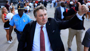 Georgia Bulldogs head coach Kirby Smart gives a thumbs up he arrives for the Dawg Walk before an NCAA college football matchup against the Florida Gators Saturday, Nov. 2, 2024 at EverBank Stadium in Jacksonville, Fla. [Corey Perrine/Florida Times-Union]