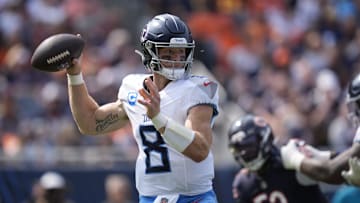 Tennessee Titans quarterback Will Levis (8) passes against the Chicago Bears during the third quarter at Soldier Field in Chicago, Ill., Sunday, Sept. 8, 2024.