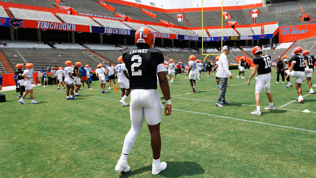 Florida Gators quarterback DJ Lagway (2) looks on during fall football practice at Ben Hill Griffin Stadium at the University of Florida in Gainesville, FL on Saturday, August 2, 2025. [Matt Pendleton/Gainesville Sun]