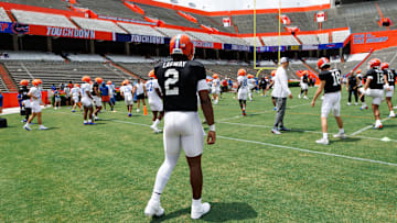 Florida Gators quarterback DJ Lagway (2) looks on during fall football practice at Ben Hill Griffin Stadium at the University of Florida in Gainesville, FL on Saturday, August 2, 2025. [Matt Pendleton/Gainesville Sun]