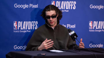 Apr 29, 2024; New Orleans, Louisiana, USA; Oklahoma City Thunder guard Josh Giddey (3) talks to the media after defeating the New Orleans Pelicans during game four of the first round for the 2024 NBA playoffs at Smoothie King Center. Mandatory Credit: Stephen Lew-USA TODAY Sports