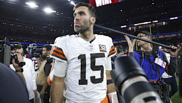 Former Cleveland Browns quarterback Joe Flacco (15) on the field after a 2024 AFC wild card game against the Houston Texans at NRG Stadium.