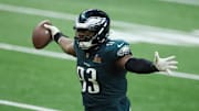 Feb 9, 2025; New Orleans, LA, USA; Philadelphia Eagles defensive tackle Milton Williams (93) celebrates a fumble recovery in the fourth quarter in Super Bowl LIX at Ceasars Superdome. Mandatory Credit: Stephen Lew-Imagn Images