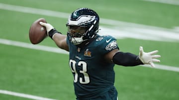 Feb 9, 2025; New Orleans, LA, USA; Philadelphia Eagles defensive tackle Milton Williams (93) celebrates a fumble recovery in the fourth quarter in Super Bowl LIX at Ceasars Superdome. Mandatory Credit: Stephen Lew-Imagn Images