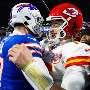 Jan 21, 2024; Orchard Park, New York, USA; Kansas City Chiefs quarterback Patrick Mahomes (15) greets Buffalo Bills quarterback Josh Allen (17) following the 2024 AFC divisional round game at Highmark Stadium. Mandatory Credit: Mark J. Rebilas-Imagn Images