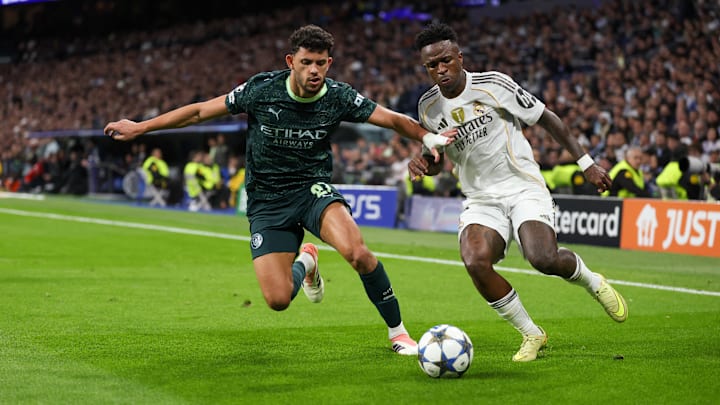 ManCitys Matheus Nunes im Zweikampf mit Real-Superstar Vinicius Junior