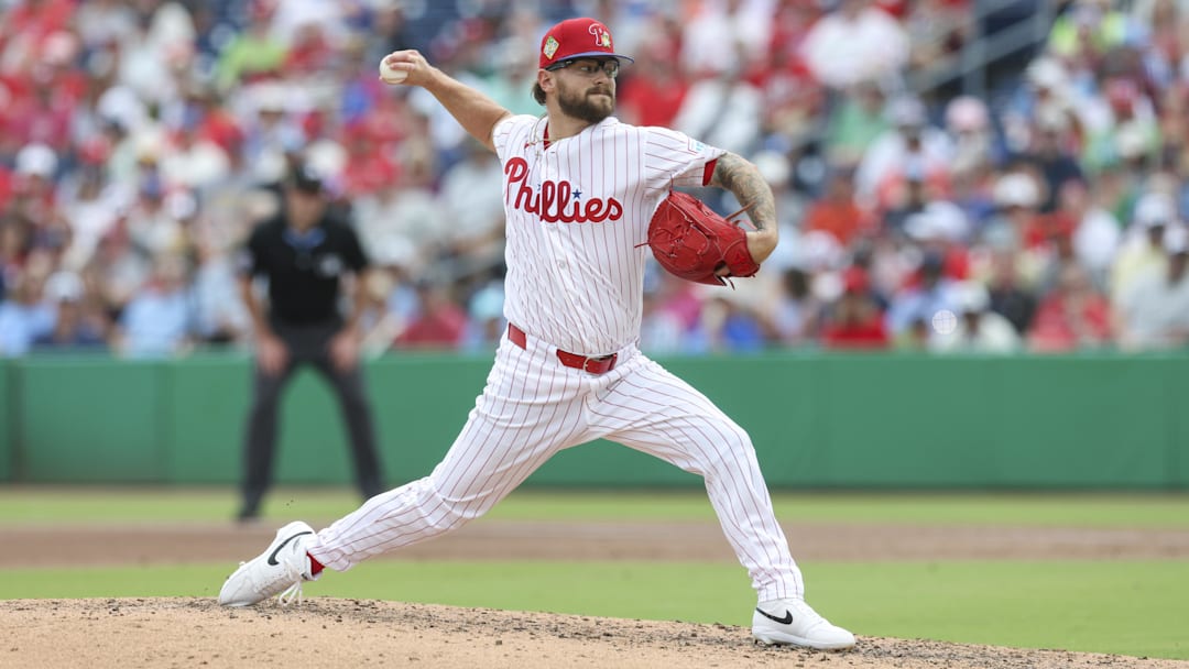 Mar 12, 2026; Clearwater, Florida, USA; Philadelphia Phillies pitcher Chase Shugart (55) throws a pitch against the Toronto Blue Jays in the third inning during spring training at BayCare Ballpark. Mandatory Credit: Nathan Ray Seebeck-Imagn Images