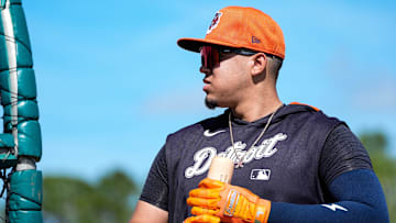 Detroit Tigers catcher Thayron Liranzo walks out of batting cage after practice during spring training at TigerTown in Lakeland, Fla. on Saturday, Feb. 15, 2025.