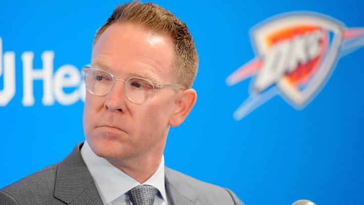 Thunder general manager Sam Presti speaks during an introductory press conference for the 2024 Thunder draft picks at Oklahoma Contemporary Arts Center in Oklahoma City, Saturday, June, 29, 2024.