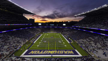 Sep 24, 2022; Seattle, Washington, USA; General view of Alaska Airlines Field at Husky Stadium as the Husky Marching Band performs before a game between the Stanford Cardinal and Washington Huskies. Mandatory Credit: Joe Nicholson-USA TODAY Sports