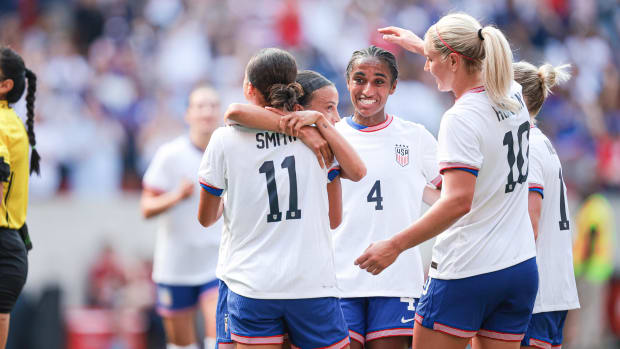 United States forward Sophia Smith celebrates a goal with teammates