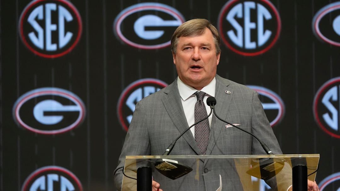 Georgia head coach Kirby Smart speaks during SEC Media Days Georgia head coach Kirby Smart speaks during SEC Media Days