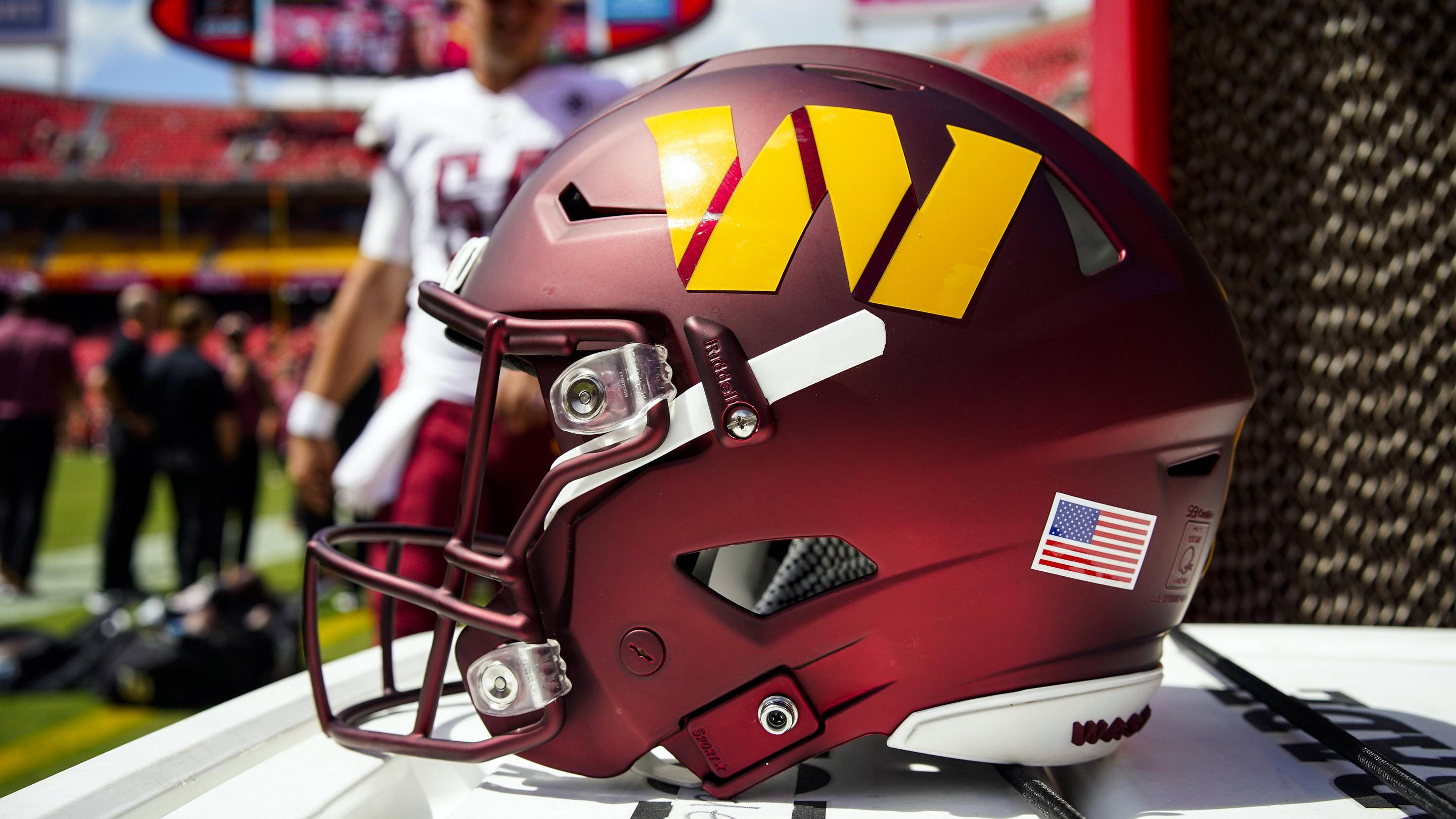Aug 20, 2022; Kansas City, Missouri, USA; A detailed view of a Washington Commanders helmet prior to the game against the Kansas City Chiefs at GEHA Field at Arrowhead Stadium. Mandatory Credit: Jay Biggerstaff-Imagn Images