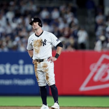 May 20, 2024; Bronx, New York, USA; New York Yankees third baseman Jon Berti (19) reacts after being caught trying to steal second base to end the eighth inning against the Seattle Mariners at Yankee Stadium. 