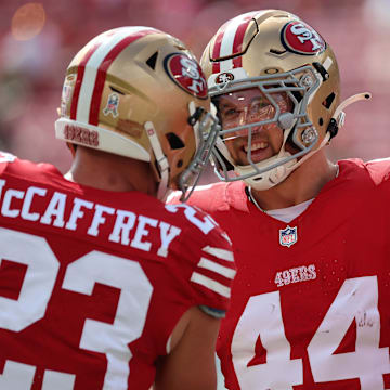 Nov 10, 2024; Tampa, Florida, USA; San Francisco 49ers fullback Kyle Juszczyk (44), punter Mitch Wishnowsky (3) and wide receiver Deebo Samuel Sr. (1) against the Tampa Bay Buccaneers prior to the game at Raymond James Stadium. Mandatory Credit: Kim Klement Neitzel-Imagn Images