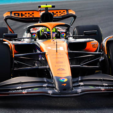 May 3, 2024; Miami Gardens, Florida, USA; McLaren driver Lando Norris (4) races out of turn 17 during F1 Sprint Qualifying at Miami International Autodrome. Mandatory Credit: John David Mercer-Imagn Images