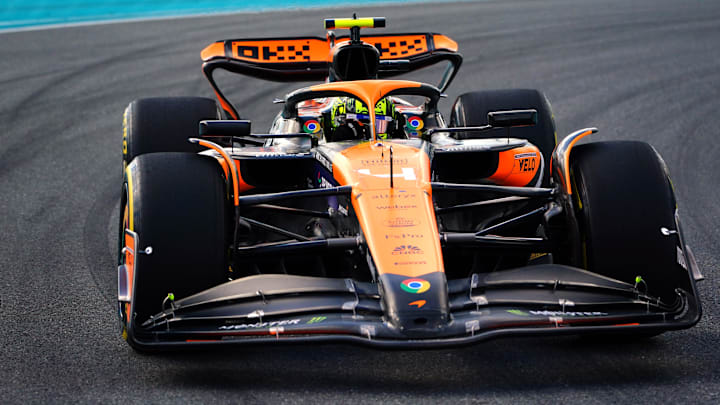 May 3, 2024; Miami Gardens, Florida, USA; McLaren driver Lando Norris (4) races out of turn 17 during F1 Sprint Qualifying at Miami International Autodrome. Mandatory Credit: John David Mercer-Imagn Images