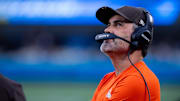 Aug 8, 2025; Charlotte, North Carolina, USA; Cleveland Browns head coach Kevin Stefanski looks at the scoreboard during the second quarter against the Carolina Panthers at Bank of America Stadium. Mandatory Credit: Scott Kinser-The USAToday Network via Imagn Images 