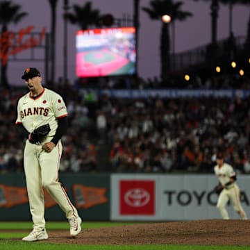 Aug 12, 2024; San Francisco, California, USA; San Francisco Giants pitcher Blake Snell (7) celebrates after striking out Atlanta Braves third baseman Austin Riley (27) during the sixth inning at Oracle Park.