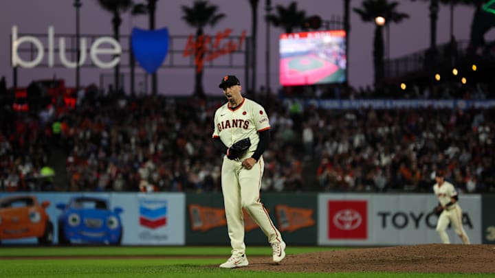 Aug 12, 2024; San Francisco, California, USA; San Francisco Giants pitcher Blake Snell (7) celebrates after striking out Atlanta Braves third baseman Austin Riley (27) during the sixth inning at Oracle Park.