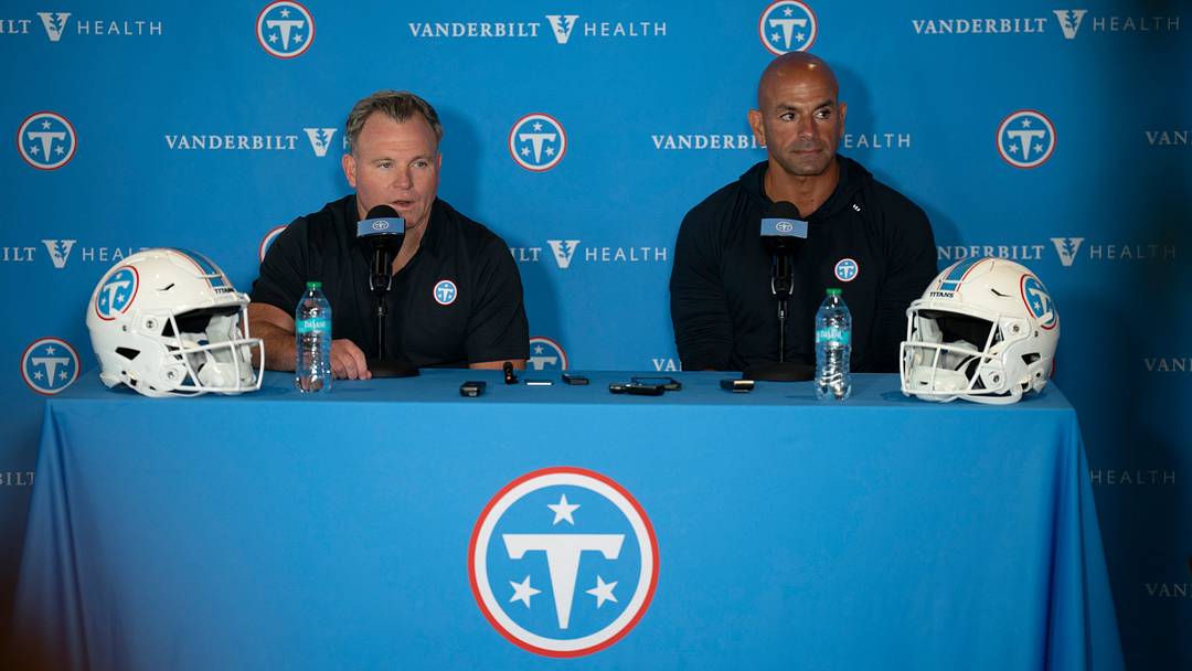 Tennessee Titans General Manager Mike Borgonzi, left, and Coach Robert Saleh address the media the day before training camp begins at Vanderbilt Health Football Center Tuesday, July 28, 2026.