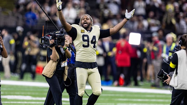 Dec 21, 2025; New Orleans, Louisiana, USA;  New Orleans Saints defensive end Cameron Jordan (94) during the run outs before the game against the New York Jets at Caesars Superdome. Mandatory Credit: Stephen Lew-Imagn Images