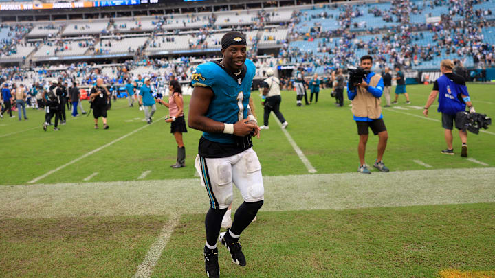 Jacksonville Jaguars running back Travis Etienne Jr. (1) runs off the field after an NFL football matchup Sunday, Oct. 6, 2024 at EverBank Stadium in Jacksonville, Fla. The Jaguars edged the Colts on a field goal 37-34.