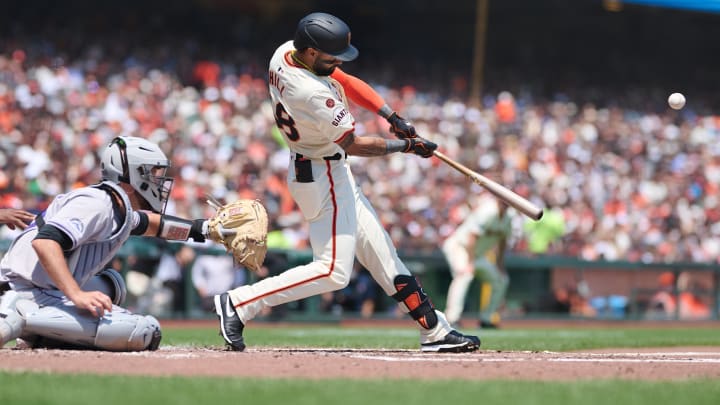 Jul 28, 2024; San Francisco, California, USA; San Francisco Giants outfielder Derek Hill (48) hits a double against the Colorado Rockies during the second inning at Oracle Park