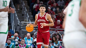 Mar 13, 2025; Indianapolis, IN, USA; Indiana Hoosiers guard Anthony Leal (3) dribbles the ball  in the first half against the Oregon Ducks at Gainbridge Fieldhouse. Mandatory Credit: Trevor Ruszkowski-Imagn Images