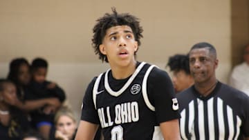 Taylen Kinney (0) stands on the court during an AAU basketball game July 4, 2023, at the Nike EYBL Peach Jam in North Augusta, S.C. A Newport native, Kinney is a Class of 2026 recruit and holds a scholarship offer to play at Louisville.