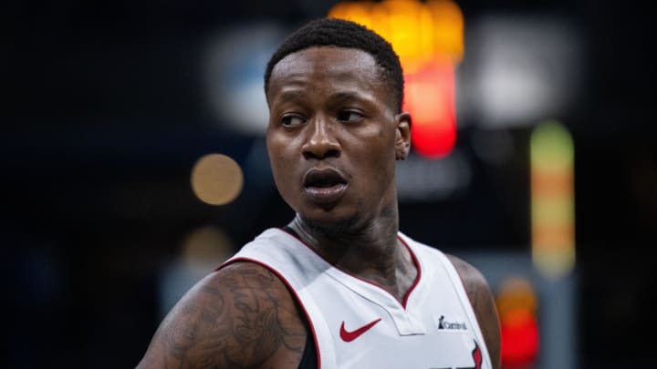 Apr 7, 2024; Indianapolis, Indiana, USA;  Miami Heat guard Terry Rozier (2) in the first half against the Indiana Pacers at Gainbridge Fieldhouse. Mandatory Credit: Trevor Ruszkowski-USA TODAY Sports