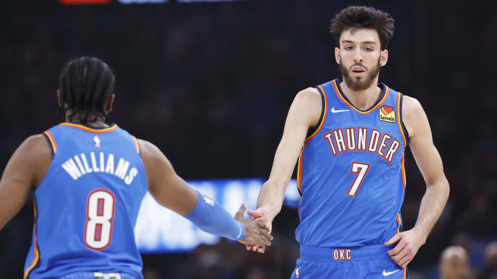 Dec 26, 2023; Oklahoma City, Oklahoma, USA; Oklahoma City Thunder forward Chet Holmgren (7) celebrates with Oklahoma City Thunder forward Jalen Williams (8) 