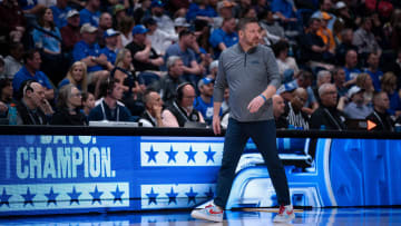 Mississippi Rebels head coach Chris Beard works the sideline against Texas A&M during their second round game of the SEC Men's Basketball Tournament at Bridgestone Arena in Nashville, Tenn., Thursday, March 14, 2024.