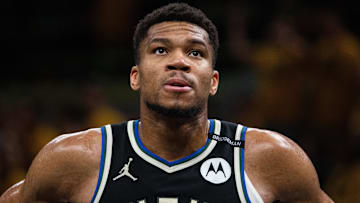 Apr 29, 2025; Indianapolis, Indiana, USA; Milwaukee Bucks forward Giannis Antetokounmpo (34) during game five of the first round for the 2024 NBA Playoffs against the Indiana Pacers at Gainbridge Fieldhouse. Mandatory Credit: Trevor Ruszkowski-Imagn Images