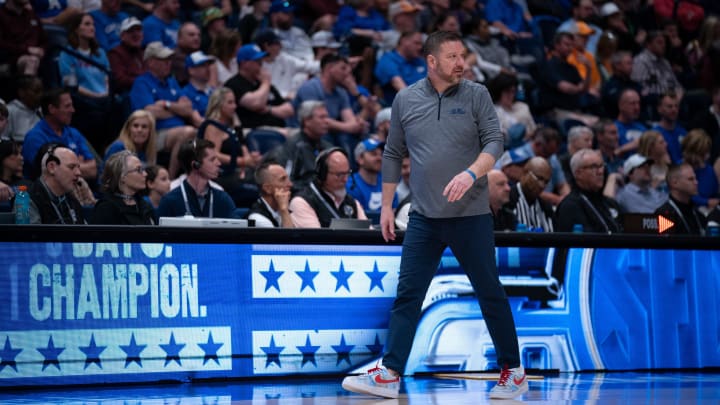 Mississippi Rebels head coach Chris Beard works the sideline against Texas A&M during their second round game of the SEC Men's Basketball Tournament at Bridgestone Arena in Nashville, Tenn., Thursday, March 14, 2024.